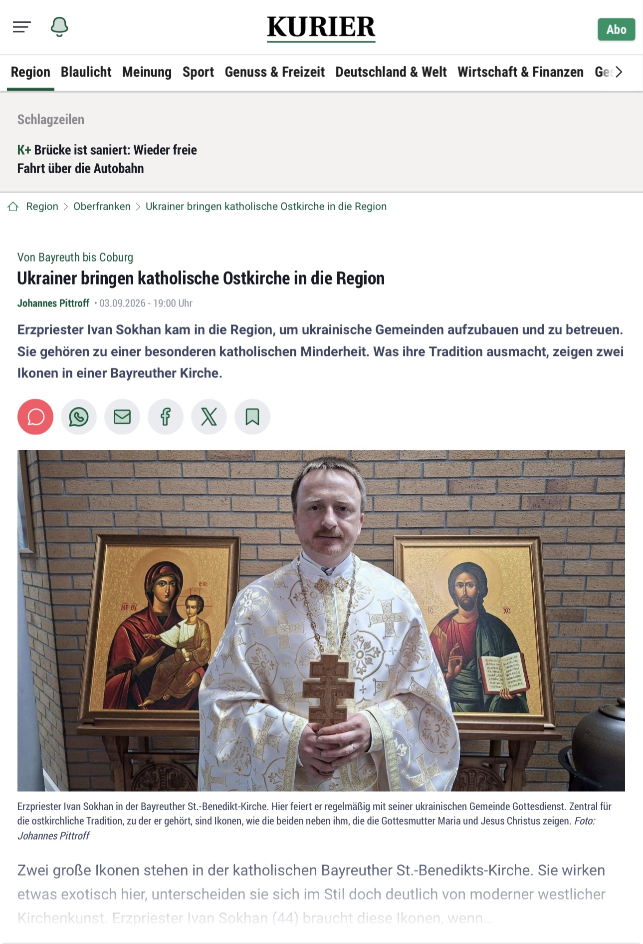 Скрін-шот інтернет-публікації інтервʼю о. Івана Сохана німецькому виданню Nordbayerischer Kurier