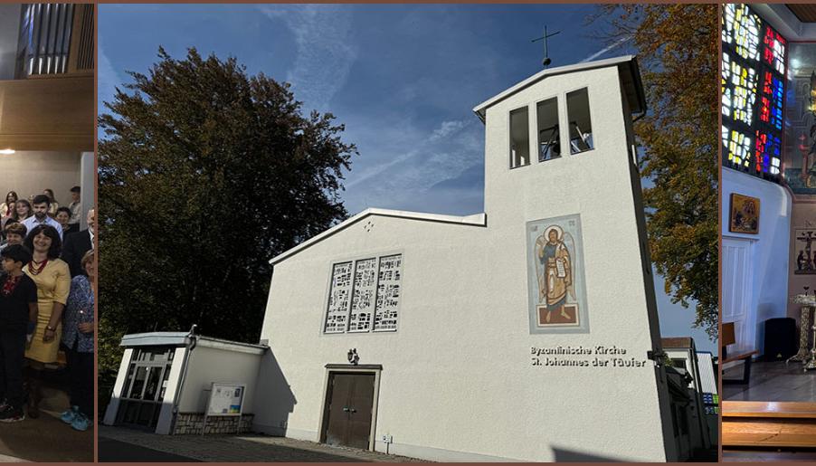Slider mit drei Bildern, die die Gemeine in der Kirche und das Gotteshaus in Bamberg von außen zeigt