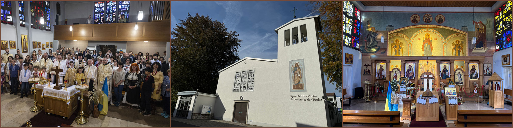 Slider mit drei Bildern, die die Gemeine in der Kirche und das Gotteshaus in Bamberg von außen zeigt