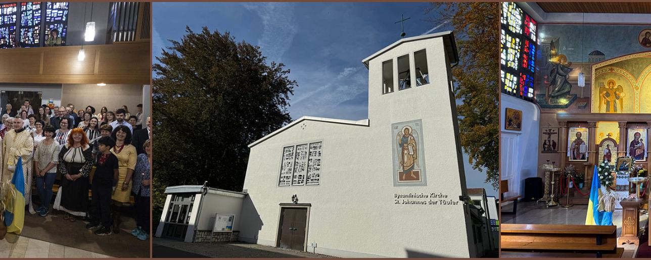 Slider mit drei Bildern, die die Gemeine in der Kirche und das Gotteshaus in Bamberg von außen zeigt