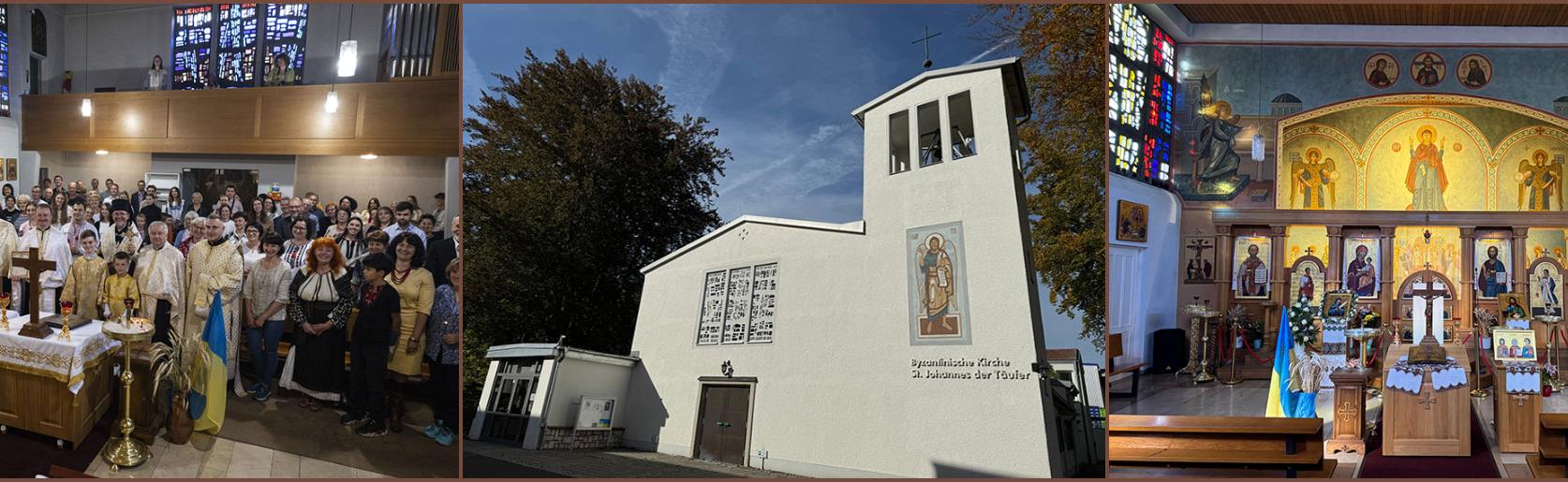 Slider mit drei Bildern, die die Gemeine in der Kirche und das Gotteshaus in Bamberg von außen zeigt