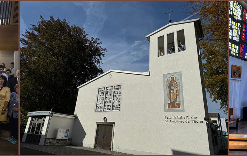 Slider mit drei Bildern, die die Gemeine in der Kirche und das Gotteshaus in Bamberg von außen zeigt